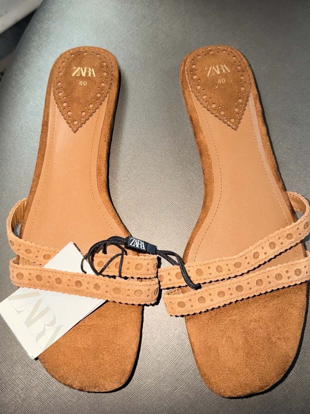 Zara Tan Suede Perforated Slide Sandals with Scalloped Straps